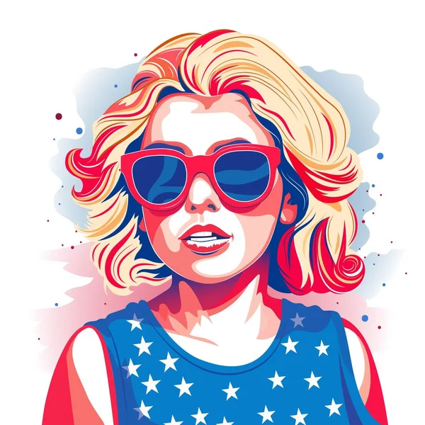 Watercolor Image Fashionable Young Girl Wear Sunglasses American Flag Attire — Stock Vector