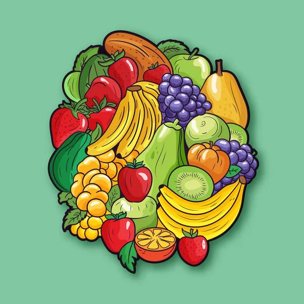 Adesivo Stile Frutta Fresca Bunch Sfondo Verde — Vettoriale Stock
