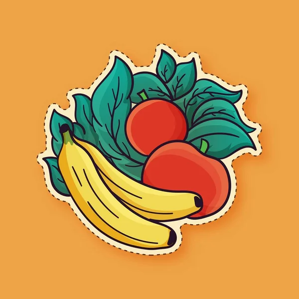 Estilo Adesivo Fruta Fresca Banana Maçã Com Folhas Fundo Laranja — Vetor de Stock
