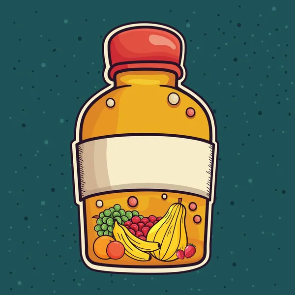 Aufkleber Stil Früchte Produktflasche Isoliert Auf Teal Dots Hintergrund — Stockvektor