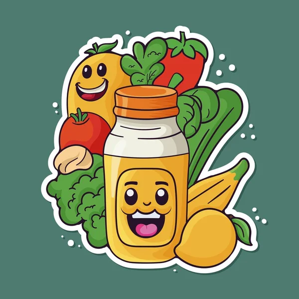 Sticker Style Cartoon Légumes Aux Fruits Bouteille Produit Sur Fond — Image vectorielle