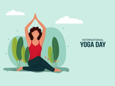 Uluslararası Yoga Günü Poster Tasarımı Yüzsüz Genç Kadın Doğa Görünümü Üzerine Yoga Asana Yapıyor.