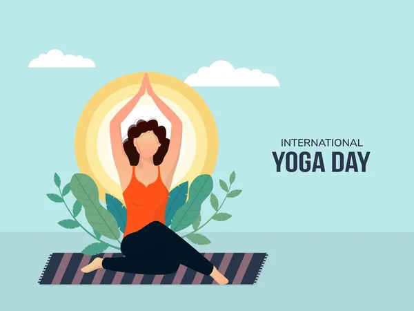 Internationale Yoga Dag Poster Banner Ontwerp Met Gezichtsloze Jonge Vrouw — Stockvector