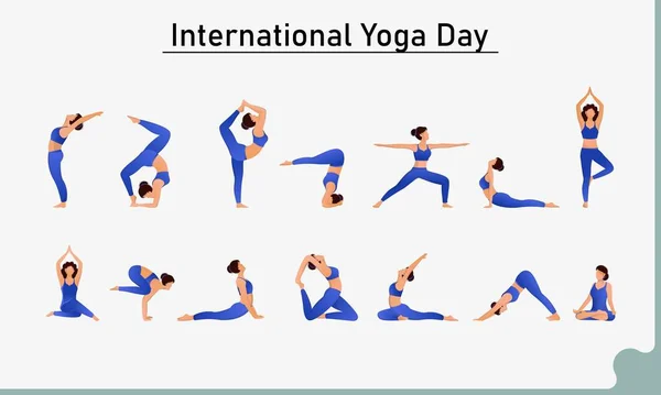 Carácter Set Mujeres Diferentes Posturas Yoga Para Día Internacional Del — Archivo Imágenes Vectoriales