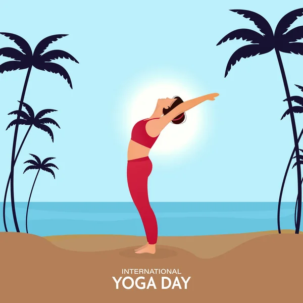 2017 Character Young Woman Yoga Pose Beach View Background International — 스톡 벡터
