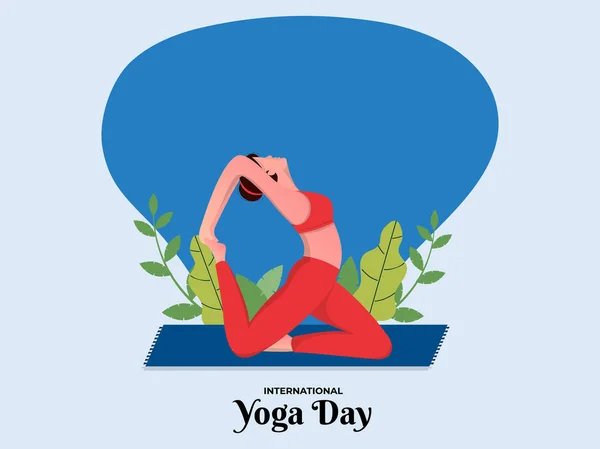 Illustration Ung Kvinna Yoga Pose Och Löv Blå Bakgrund För — Stock vektor