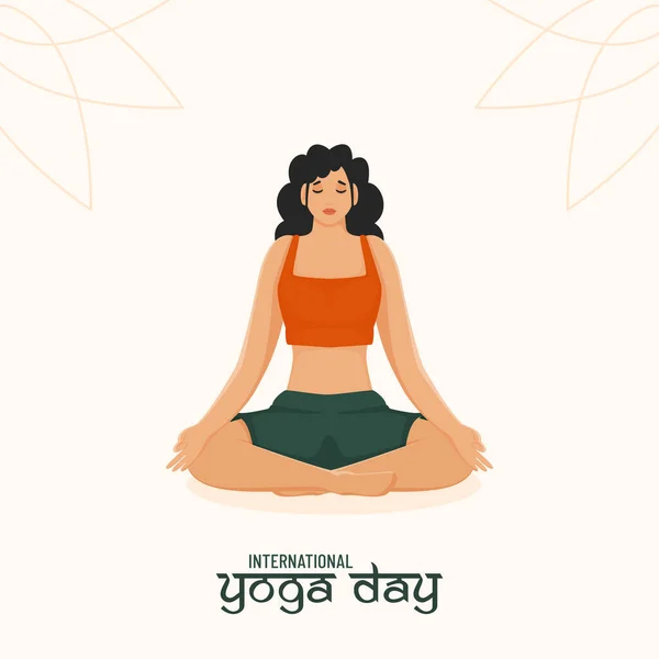 Conceito Dia Internacional Yoga Personagem Mulher Jovem Bonita Meditando Lotus —  Vetores de Stock