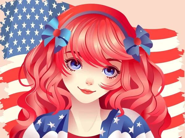 Young Blond Girl Wearing Blue Bow Headband Background American Flag — Image vectorielle