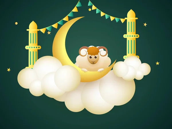 緑の背景に飾られた漫画の羊 黄金の三日月 ミナレット 星とバニングフラグと犠牲の概念のイスラム祭 — ストックベクタ