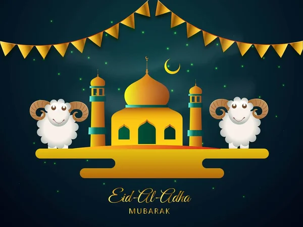ダークテールライトで装飾された2匹の漫画の羊 モスク バンティングフラグを備えたEid Adha Mubarakコンセプト効果の背景 — ストックベクタ