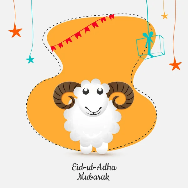 Eid Adhaムバラク紙の漫画の羊 ぶら下がり星 ギフトボックス オレンジと白の背景に飾られたバニングフラグ付きグリーティングカード — ストックベクタ