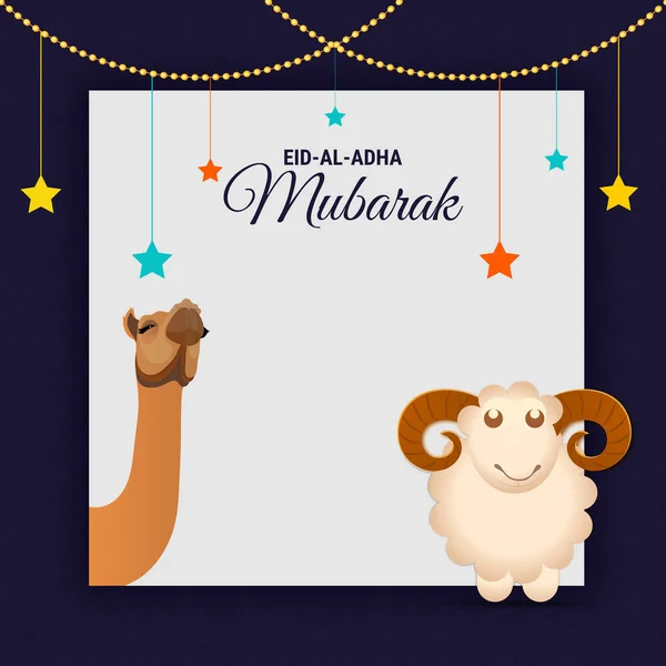 Karta Okolicznościowa Eid Adha Mubarak Ilustracją Owiec Kreskówek Wielbłąda Wiszących — Wektor stockowy