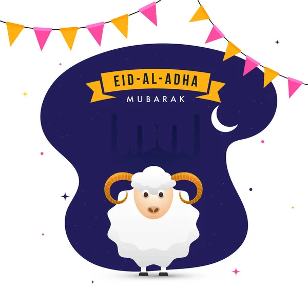白と青の上に立つ漫画の羊と犠牲のお祝いの概念のイスラムフェスティバルEid Adhaムバラク三日月の背景 — ストックベクタ