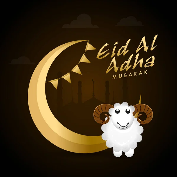 金色の三日月と茶色のシルエットのモスクの背景に漫画の羊と犠牲のイスラムフェスティバル イード ムバラクお祝いポスターデザイン — ストックベクタ