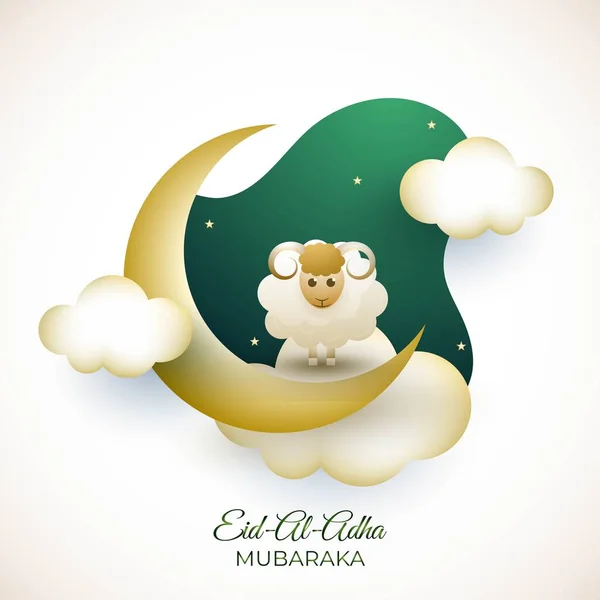 Tarjeta Felicitación Eid Adha Mubarak Con Luna Creciente Dorada Ovejas — Vector de stock