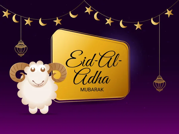 Eid Adha Mubarak Concept Met Glimlachende Cartoon Schapen Hanglampen Sterren — Stockvector