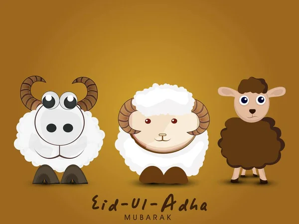 Eid Adha Mubarak Wenskaart Met Cartoon Illustratie Van Drie Schapen — Stockvector