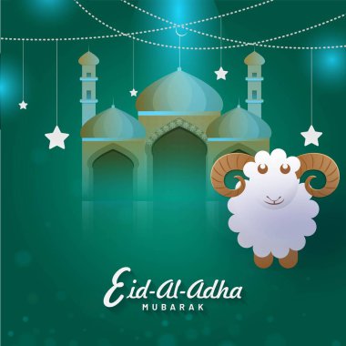 Yeşil Arkaplanda Şirin Koyun Karakteri, Yıldızlar ve Cami ile Kurban Bayramı, Kurban Bayramı Kutlama Kartı.
