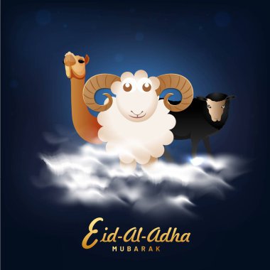 Koyun, keçi, deve, bulut mavisi arka planda hayvan çizgi film karakteri ile Kurban Bayramı Mübarek tebrik kartı.