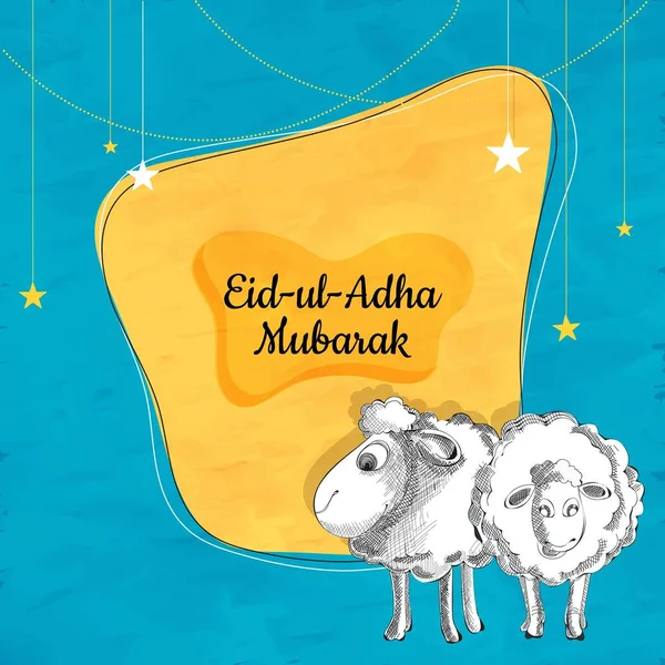 Eid Adha Mubara Wenskaart Met Doodle Style Twee Schapen Karakters — Stockvector