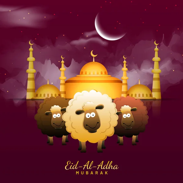 Eid Adha Mubarak Wenskaart Met Drie Cartoon Schapen Staan Voor — Stockvector