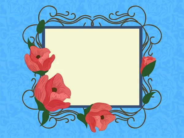 Blank Square Frame Dekoriert Mit Blumen Auf Blauem Filigranmuster Hintergrund — Stockvektor