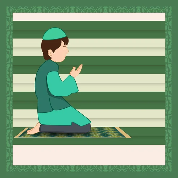Carácter Vista Lateral Niño Musulmán Ofreciendo Namaz Oración Estera Verde — Vector de stock