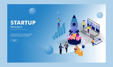 Business Startup Project Based Landing Page with Illustration of New Entrepreneur Analysis His Company Growth or Success.