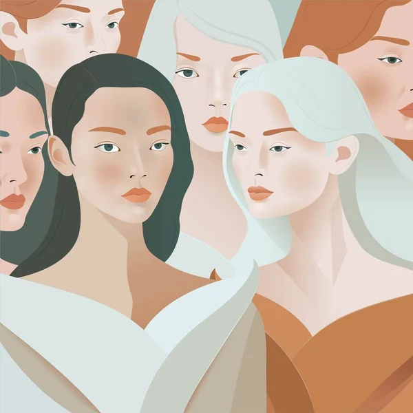 異なる女性の多様な顔の統一文字 ベクターイラスト — ストックベクタ