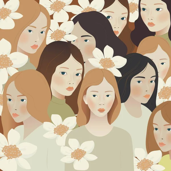 Női Változatos Arcok Különböző Nők Egység Karakter Virág Háttér — Stock Vector