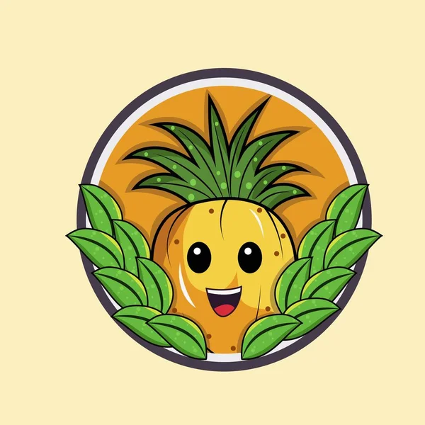 Mascotte Sticker Style Dessin Animé Ananas Avec Feuilles Sur Fond — Image vectorielle