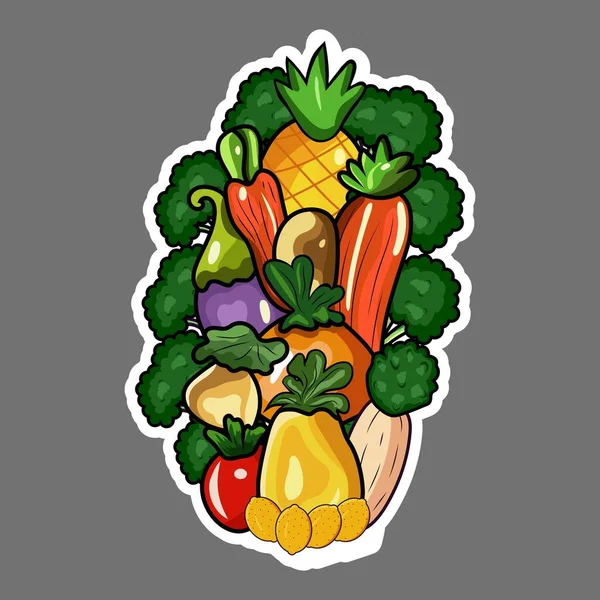 ステッカースタイルの野菜や果物の盛り合わせ — ストックベクタ
