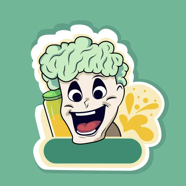 Sticker Style Αγόρι Γέλιο Χαρακτήρας Μπουκάλι Πράσινο Φόντο — Διανυσματικό Αρχείο