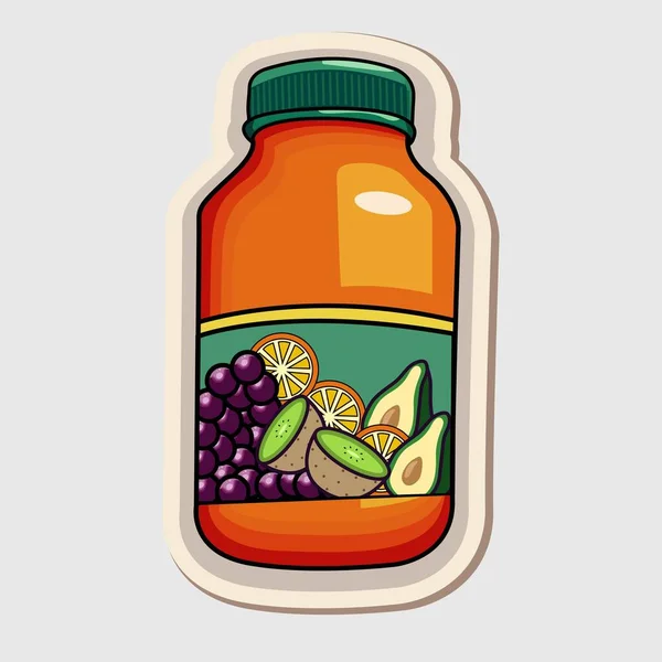 Verschillende Fruit Ingrediënten Fles Sticker Stijl — Stockvector