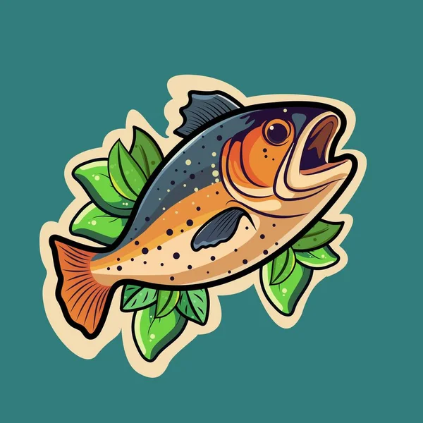 Sticker Style Grilled Fish Leaves Teal Background — Stock Vector