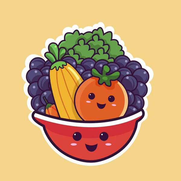 Etiqueta Estilo Fruta Bowl Mascota Sobre Fondo Amarillo — Vector de stock