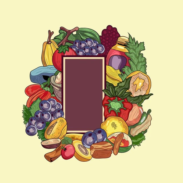 あなたのメッセージのための野菜や果物やスペースを囲むブランクブラウン垂直バナーやボード — ストックベクタ