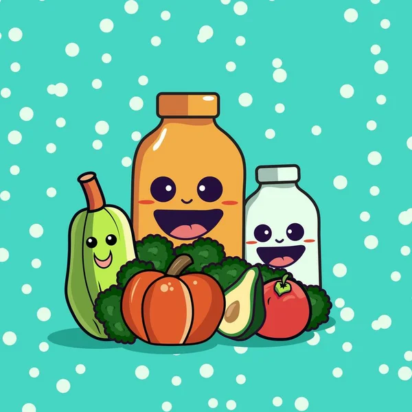 白环绿松石背景上有果汁和牛奶瓶吉祥物的蔬菜 — 图库矢量图片