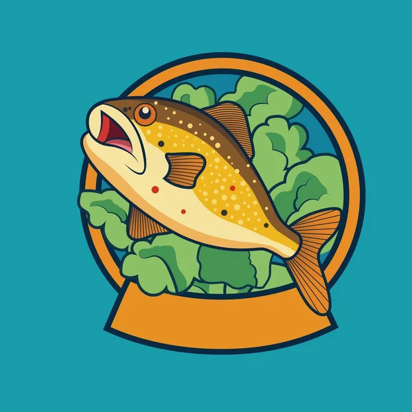 Grillad Fisk Med Gröna Blad Tallrik För Mat Klistermärke Eller — Stock vektor