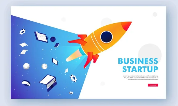 Business Startup Concept Based Landing Page Udanym Uruchomieniem Projektu Rakiety — Wektor stockowy