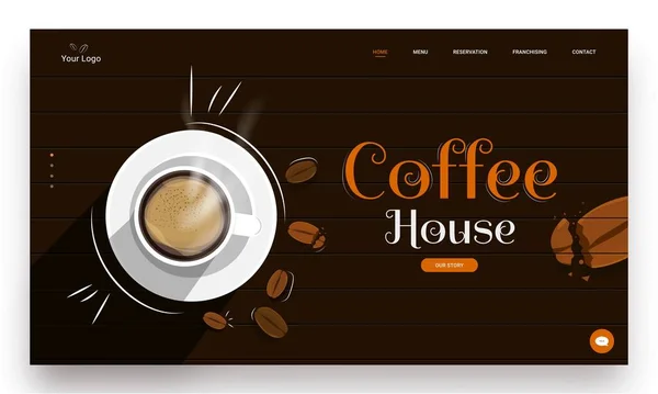 ダークな背景にコーヒーカップと豆のトップビューでコーヒーハウスランディングページのデザイン — ストックベクタ