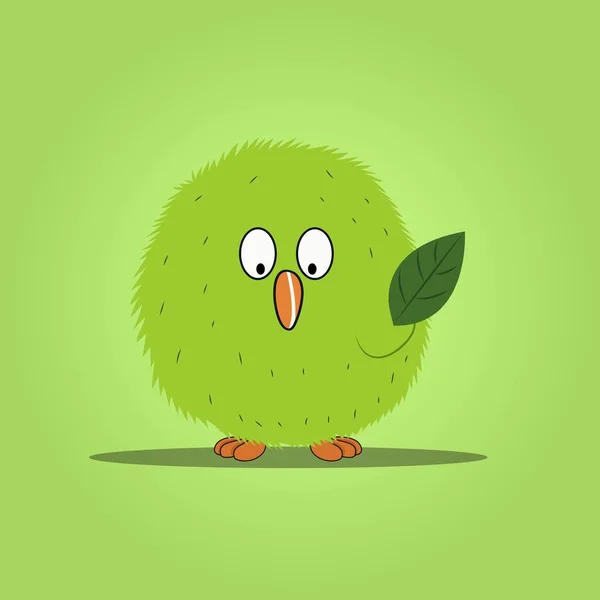 Vector Illustration Cute Green Fuzzy Bird Character — Stock Vector