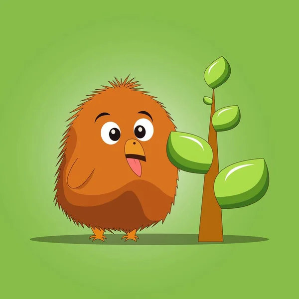 Orange Hairy Fuzzy Bird Eating Leaf Tree Green Background — Stock Vector