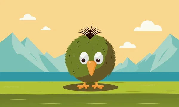 Cute Fuzzy Bird Character Sitting Green Landscape Mountains — Stock Vector