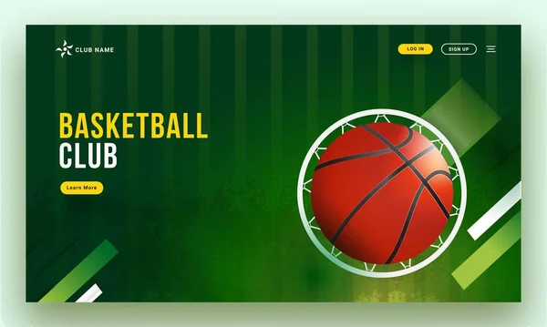 バスケットボールクラブランディングページまたはグリーンプレイグラウンドに対するフープの中の現実的なバスケットボールのトップビューを持つヒーローバナー — ストックベクタ