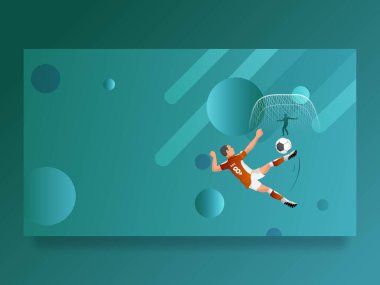 Teal Soyut Arkaplan ve Mesajınız İçin Yer Alanında Basketbolcu Karakteri Tekmeleme Eylem Görünümü. Basketbol Oyunu Poster Tasarımının Tepkili Şablonu.