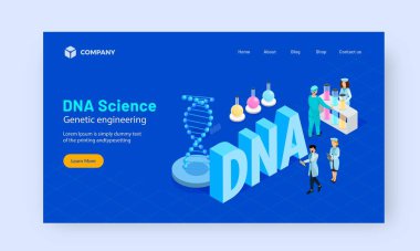 DNA Bilimi Genetik Mühendisliği İniş Sayfa Tasarımı Laboratuvarda Araştırma Yapan Bilim Adamlarının İllüstrasyonu ve DNA 'nın 3B Metni.