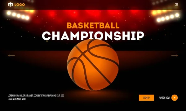 篮球锦标赛着陆页设计与现实篮球照明体育场灯光背景下的设计 — 图库矢量图片
