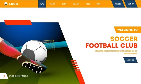 Welcome Soccer Football Club Landing Page Design Closeup Shot Football — Stock Vector