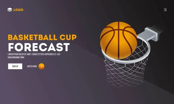 今すぐ見るバスケットボールカップ予測サイト Hoop Netでのハイライトバスケットボールゴールを持つバナーデザイン — ストックベクタ